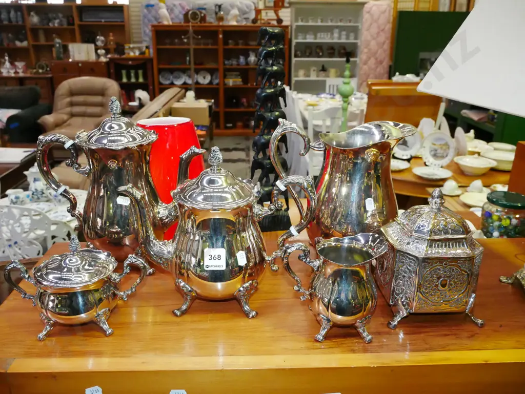 plated coffee pots, creamer, sugar, lidded canister Image 1++