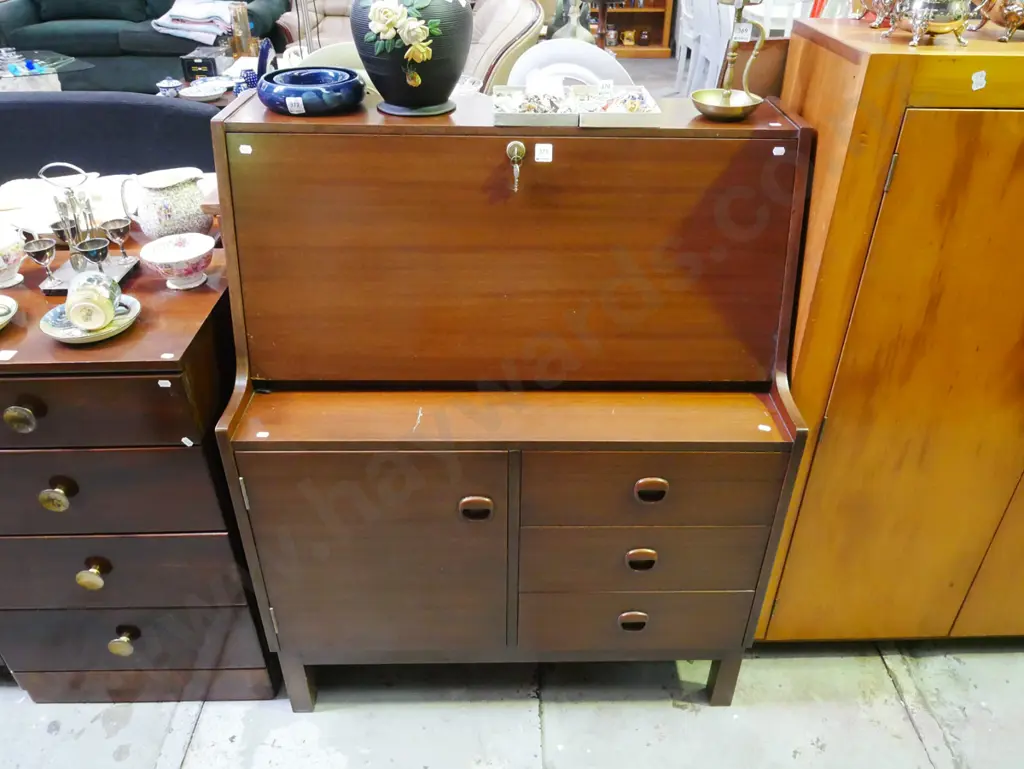 mid-century 1 door 3 drawer drop down lockable writing desk - key in office Image 1++