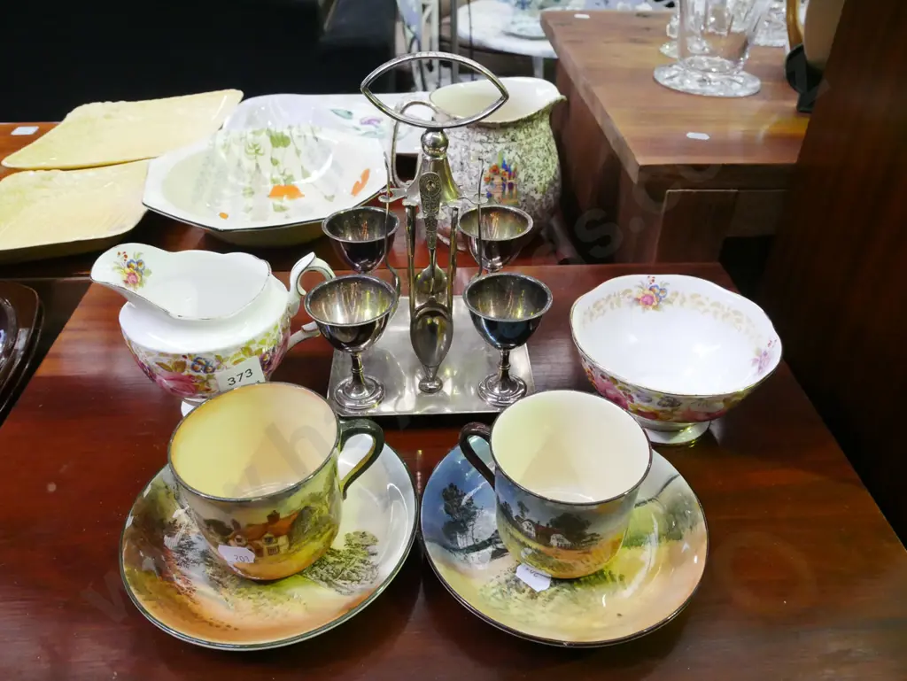 2x Doulton cups, saucers, cream, sugar, plated boiled egg server Image 1++