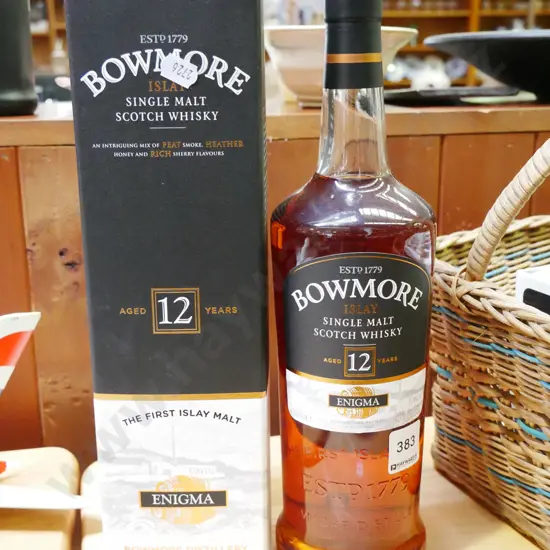 bottle of Bowmore single malt Scotch whisky and box