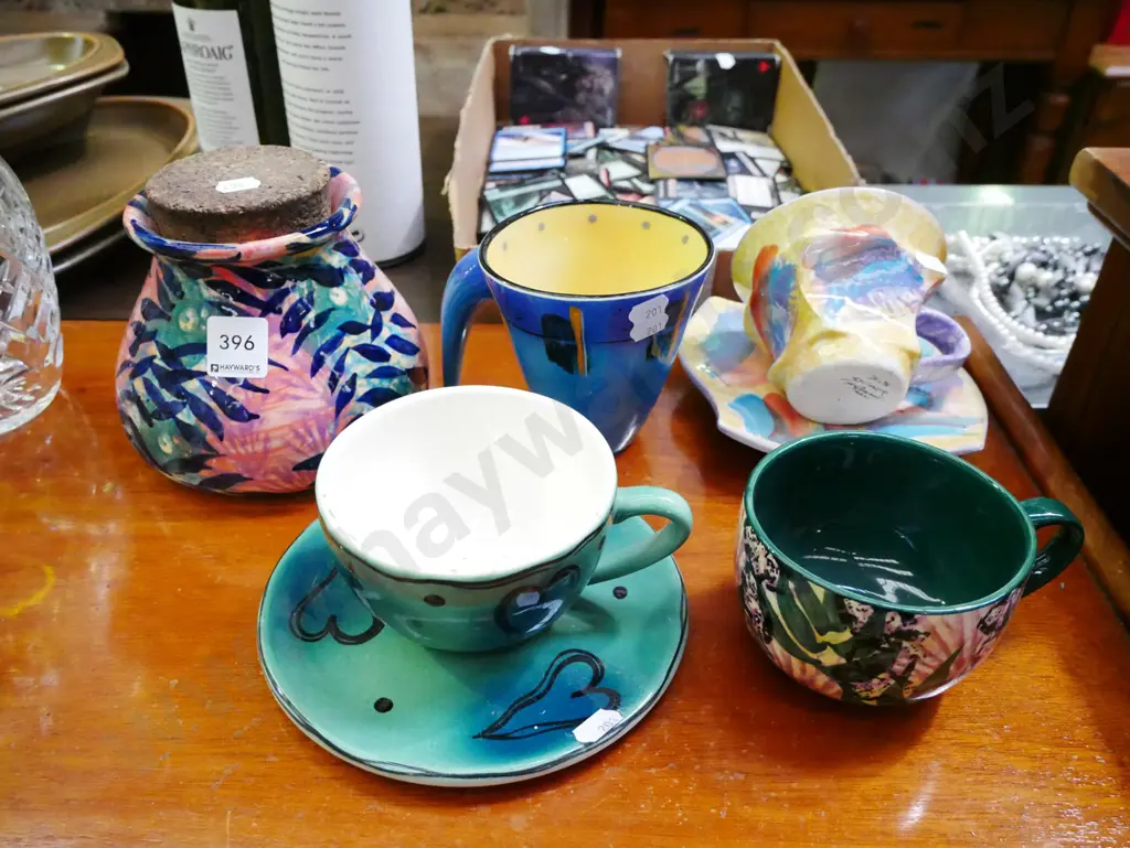 studio pottery cups, saucers, storage canister Image 1++
