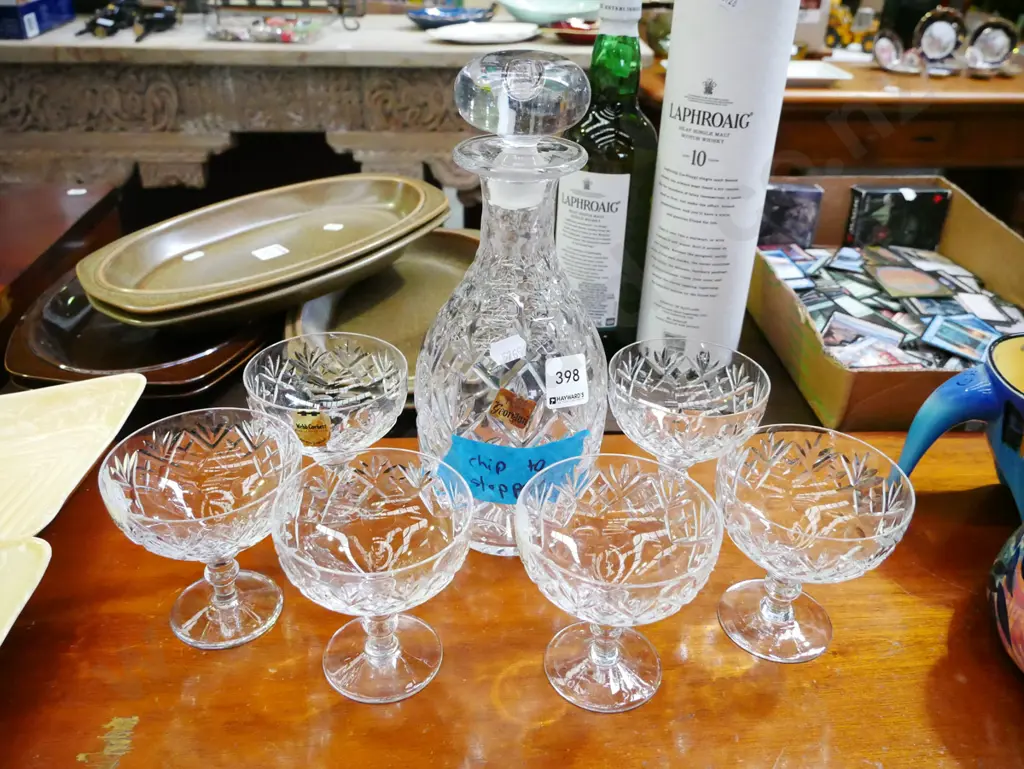 Georgian crystal decanter (chip to stopper)  with 6x Webb Corbett small champagne glasses  Image 1++