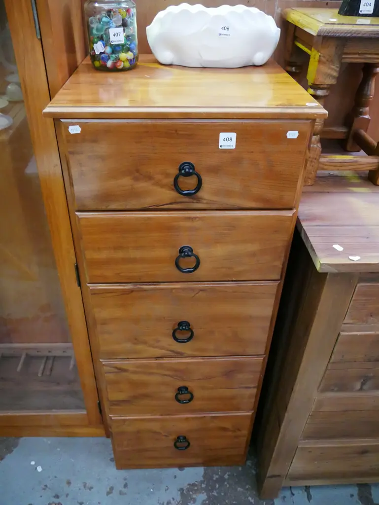 mdf faux wood veneer 5 drawer tallboy H-1110 W-420 D-410 Image 1++