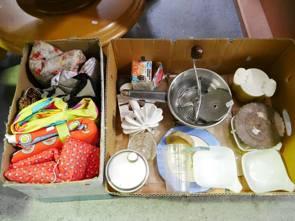 2 x boxes of fabric pieces, cocktail shaker, mouli etc - red dots Image 1++