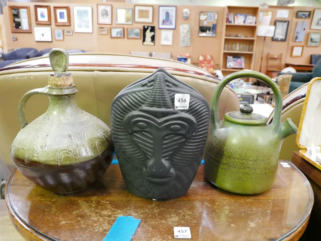 studio pottery bottle, ceramic tea pot H-250, modern monkey face vase  Image 1++