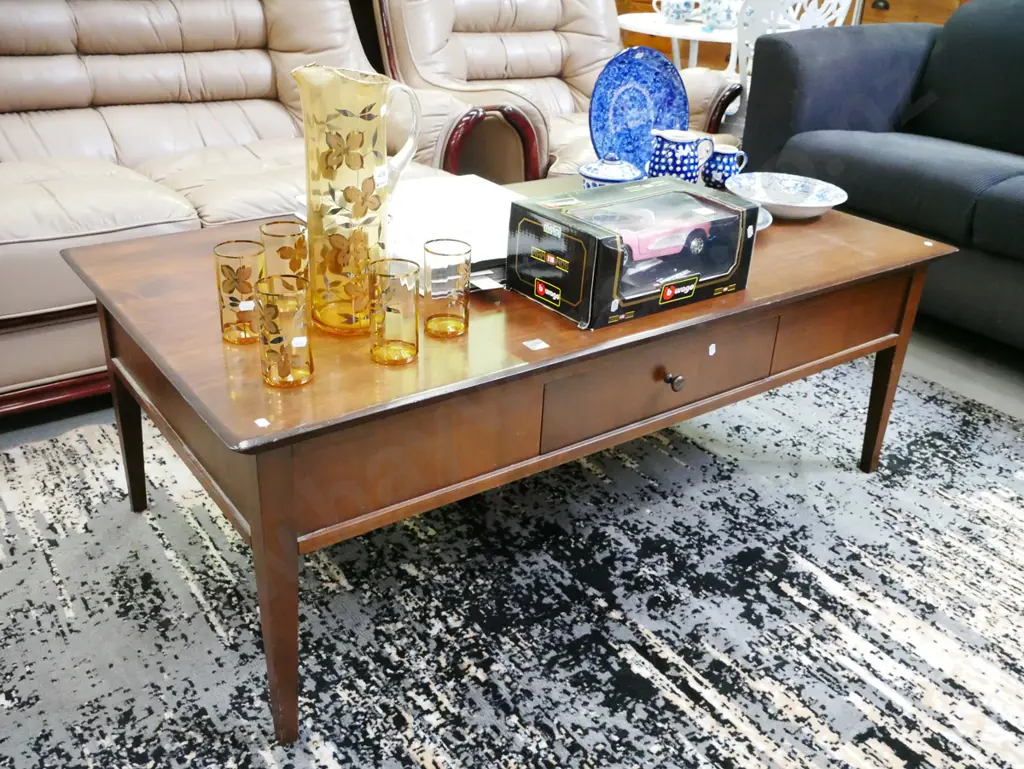 dark stained solid wood coffee table with single drawer H-460 W-1300 D-700 Image 1++