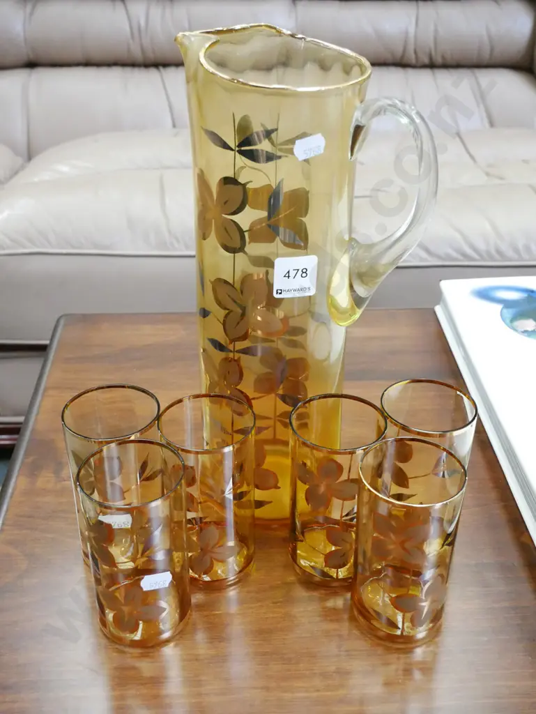retro amber glass floral water set with 6 glasses Jug H-320 Image 1++