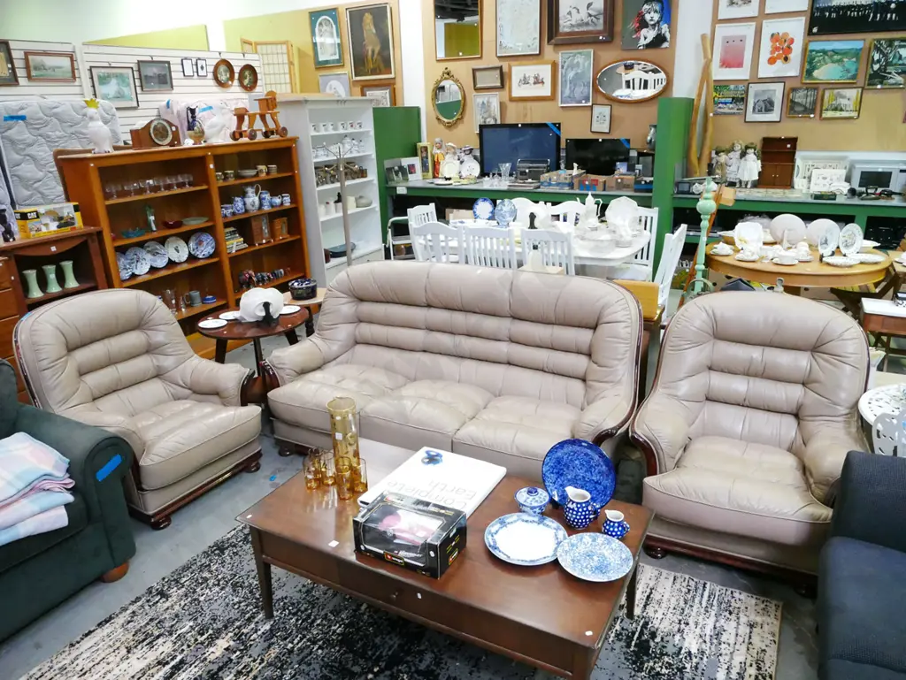 beige leather and wood 3 piece lounge - 3 seater and 2 singles Image 1++
