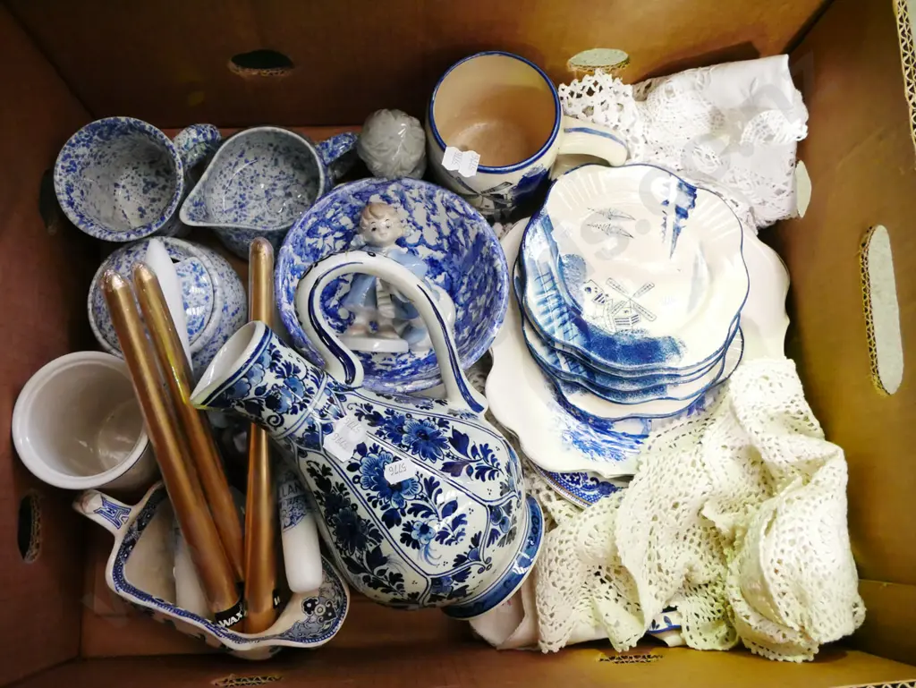 box; blue and white plates, jugs, candlesticks etc Image 1++
