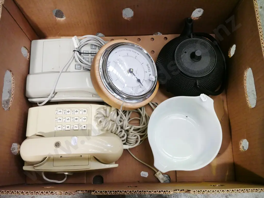 box; 2x push button phones, teapot, bowl, tide clock Image 1++