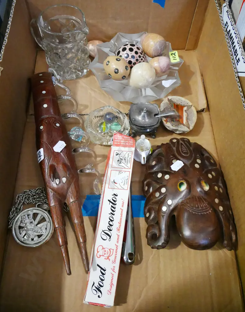 box; wooden souvenir ware, stone eggs, glass jug etc Image 1++