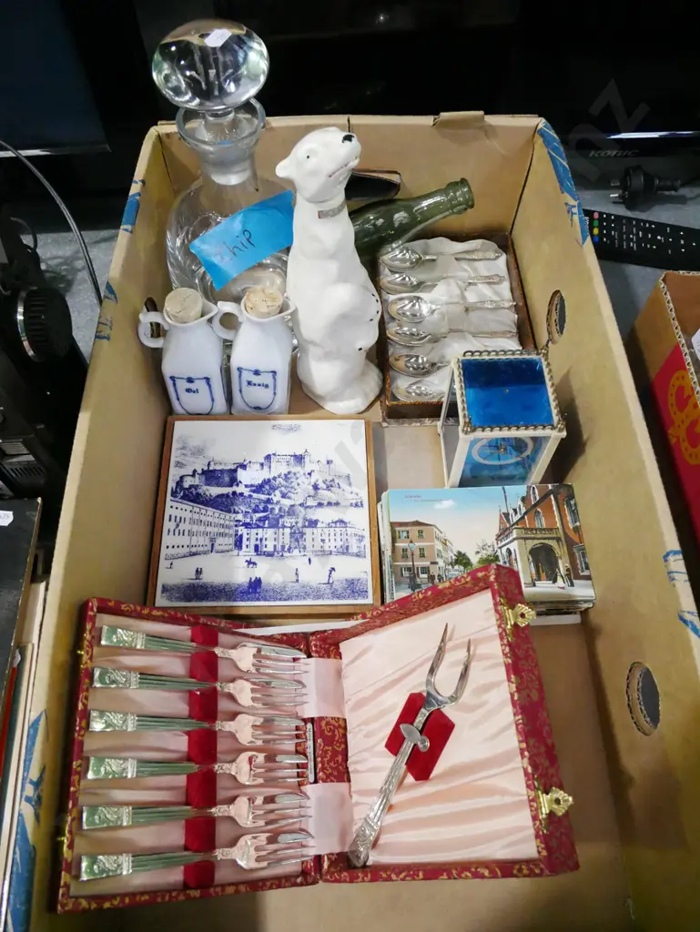 box; chipped decanter, cutlery, ceramic tile etc Image 1++