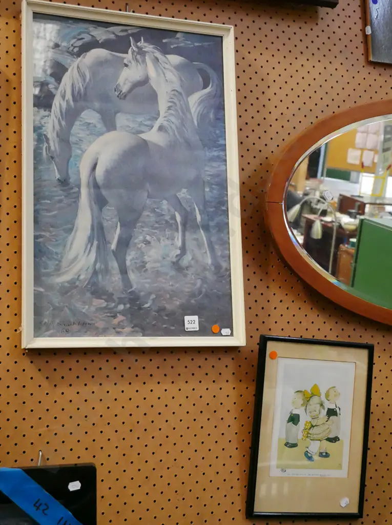2x framed prints- horses, kids - orange dots Image 1++