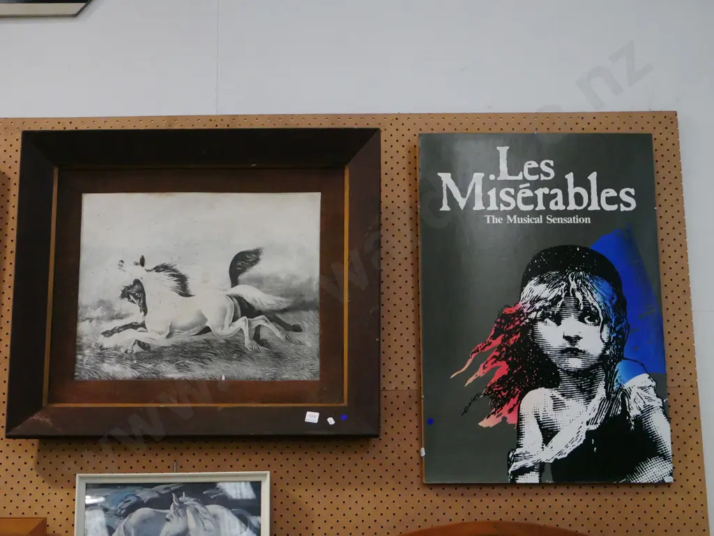 oak framed black and white horse print - some foxing, Les Miserables poster print - blue dots Image 1++