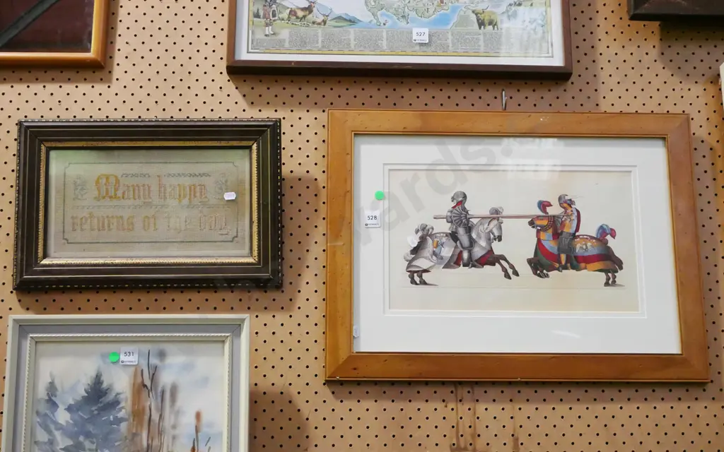 framed needlework, framed jousting knights print - green dots Image 1++