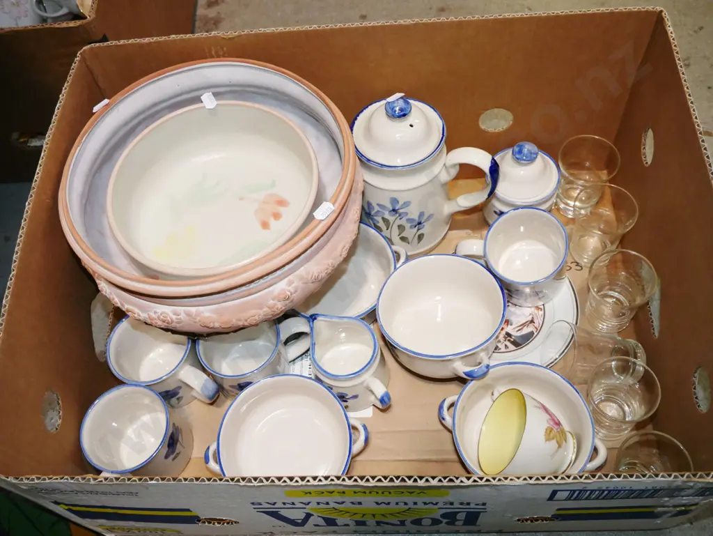 box; terracotta jardiniere, ceramic bowls, coffee set etc Image 1++