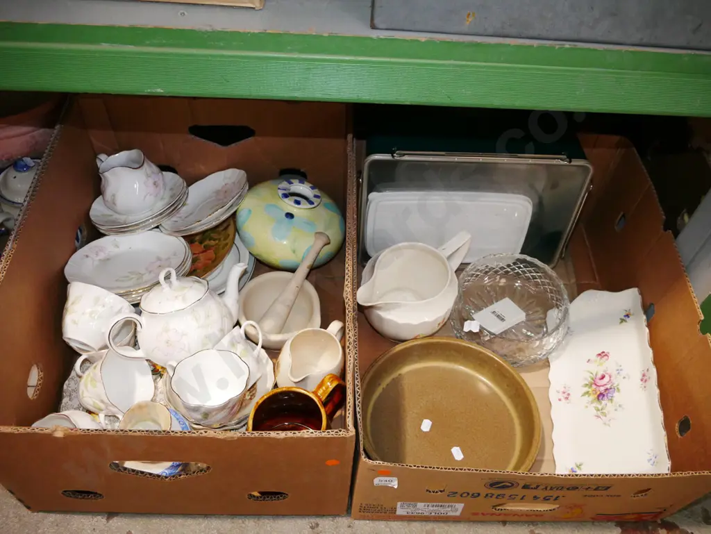 2x boxes; mortar and pestle, part floral tea set, jugs, sugar, Temuka baking dish etc - orange dots Image 1++