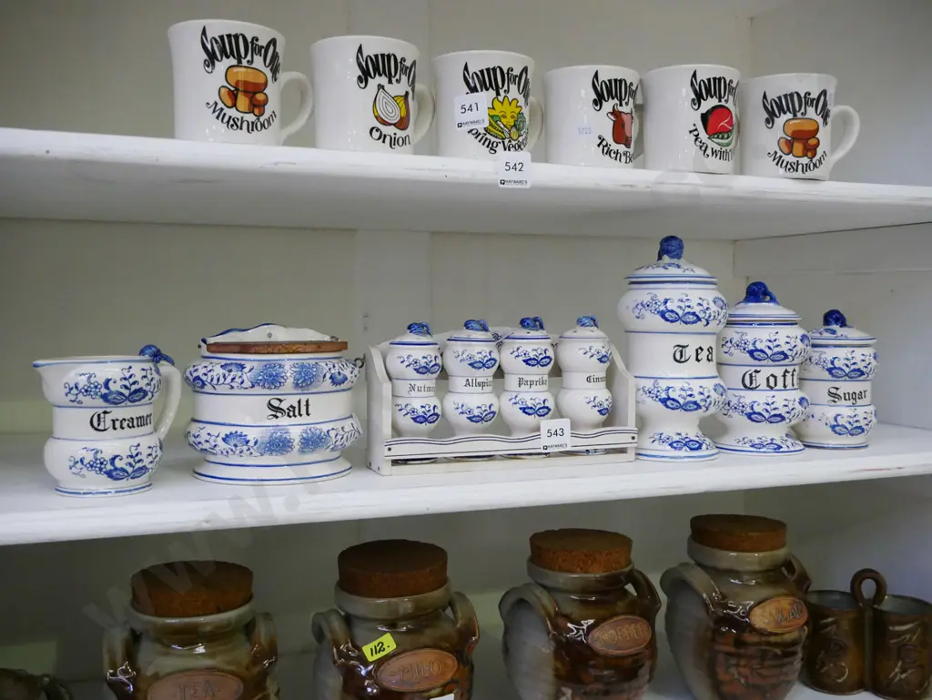 blue and white storage canisters, salt pig, spice rack Image 1++