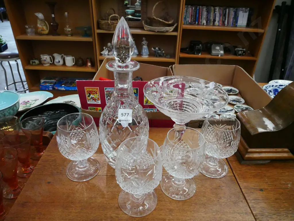 stoppered decanter, 4 crystal goblets, etched comport Image 1++