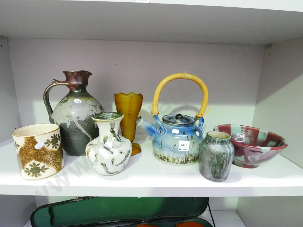 amber depression glass vase, pottery teapots etc Image 1++