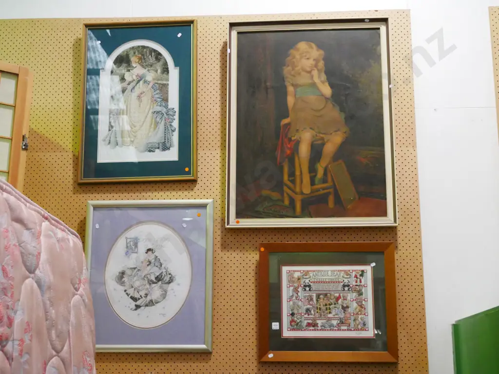 3x framed needleworks, girl on stool - orange dots Image 1++