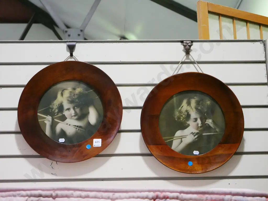 2x wood framed circular cherub photo prints - blue dots Image 1++