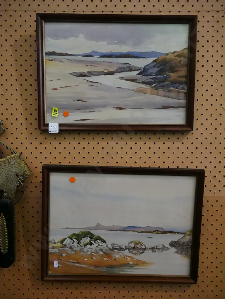 2x framed watercolours - coastal scenes -orange dots Image 1++