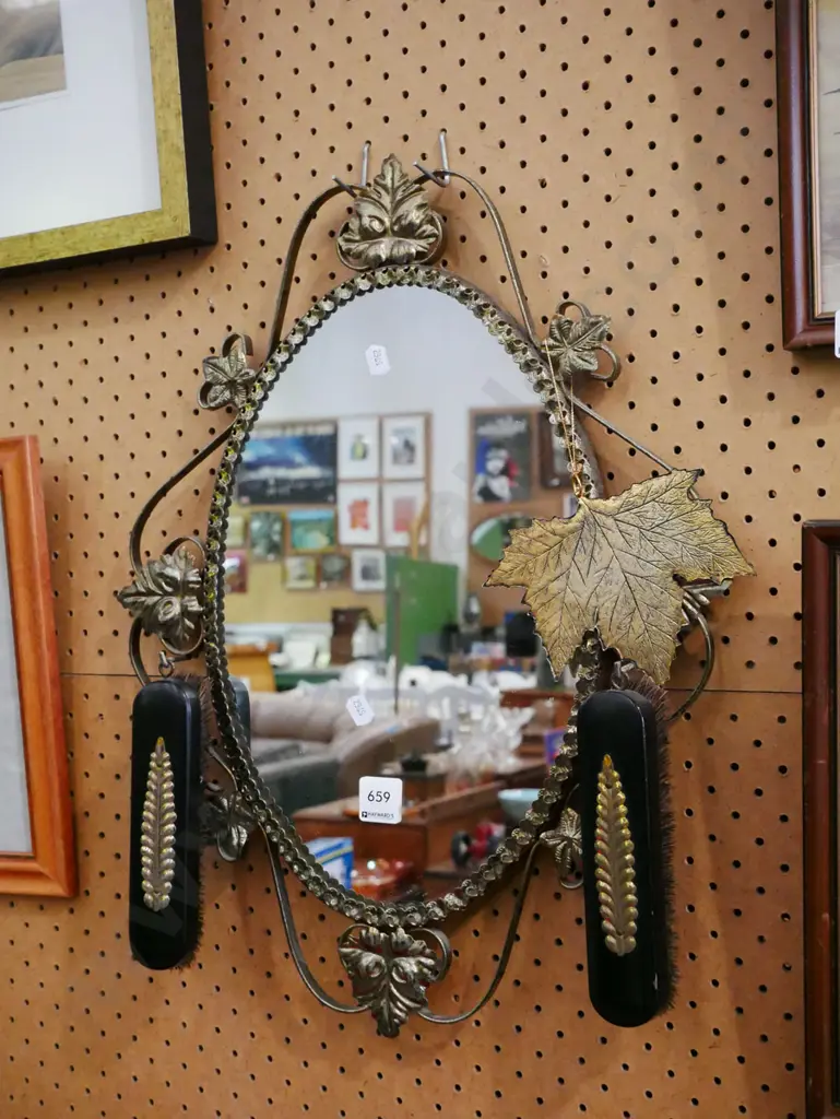 retro wrought metal wall mirror with 2 clothes brushes Image 1++
