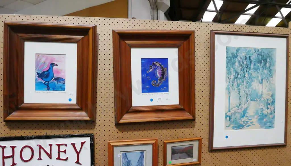framed watercolour - garden scene, 2x framed mixed media - seahorse, pukeko - blue dots Image 1++