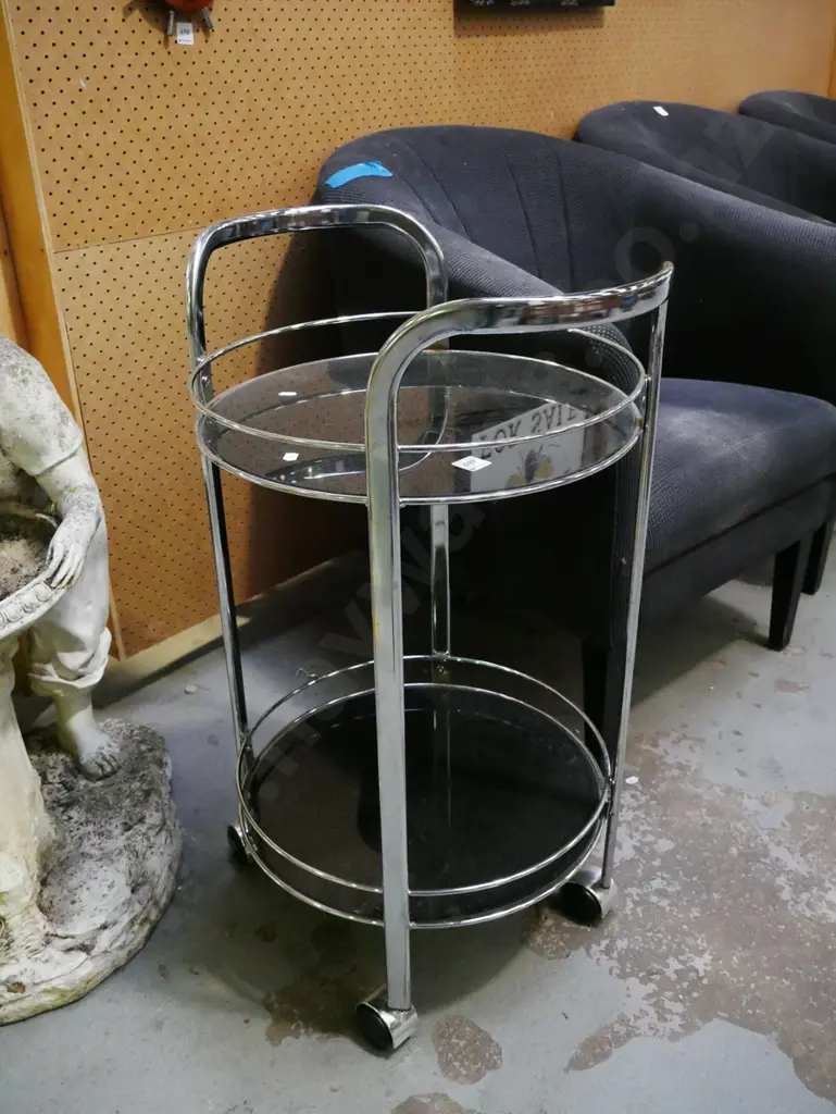 chrome and smoked glass 2 tier cylindrical tea trolley H-790 W-700 Image 1++