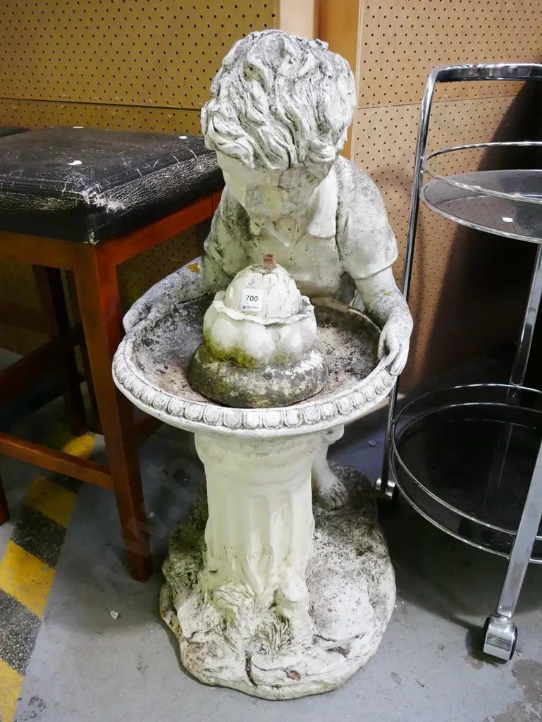 cast concrete water feature - boy drinking at fountain H-850 Image 1++