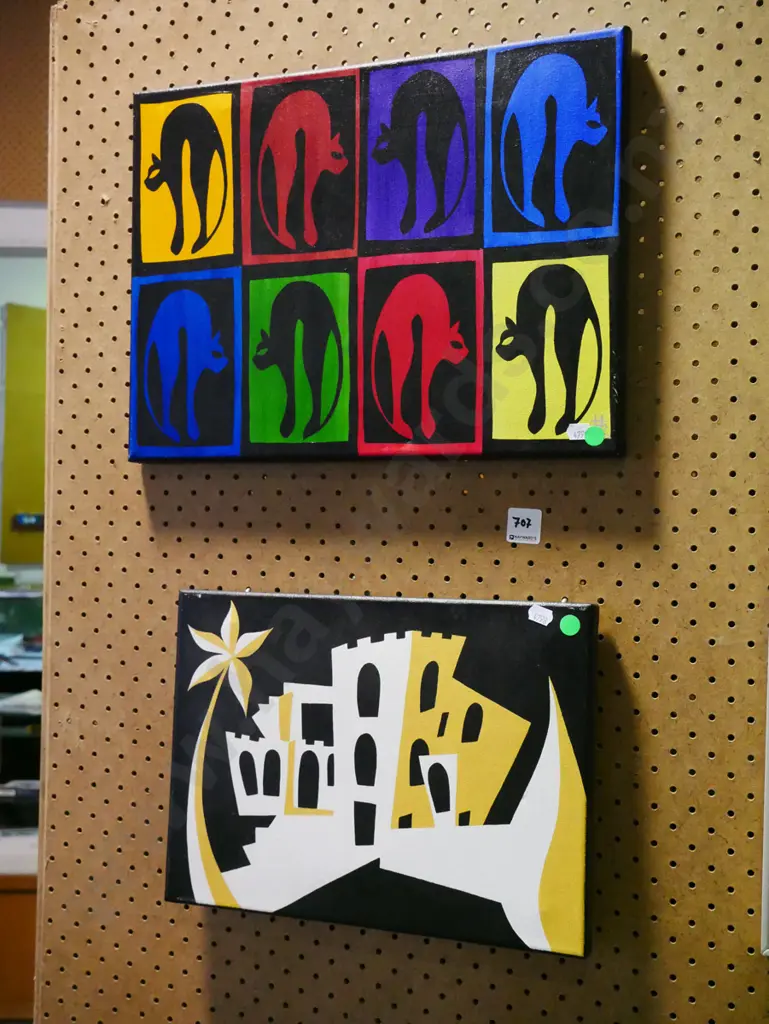 2x acrylic on boxed canvas - cats, house  Image 1++
