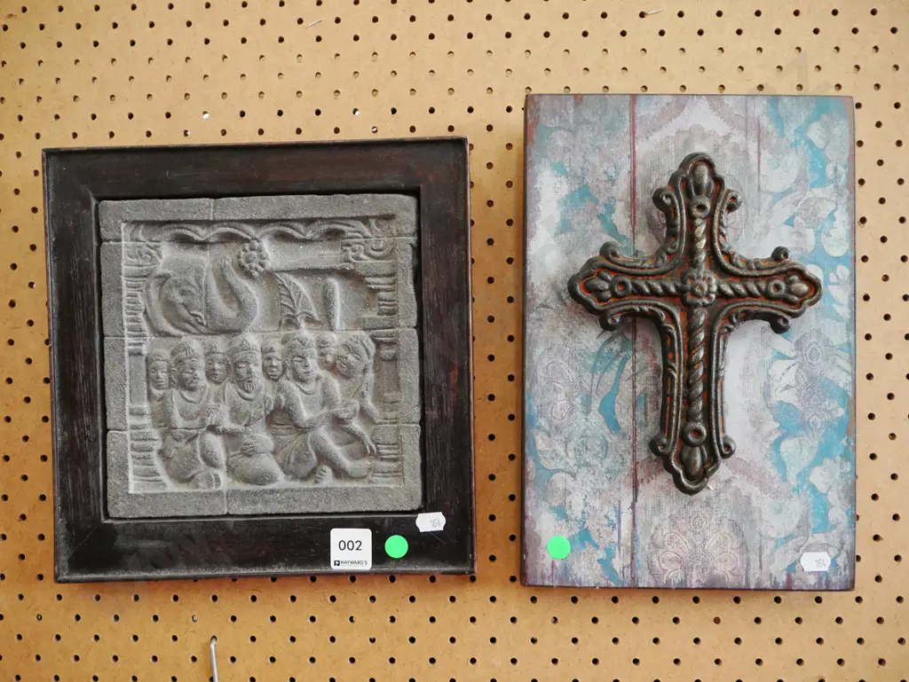 crucifix on board, composite stone like carved tile - green dots Image 1++