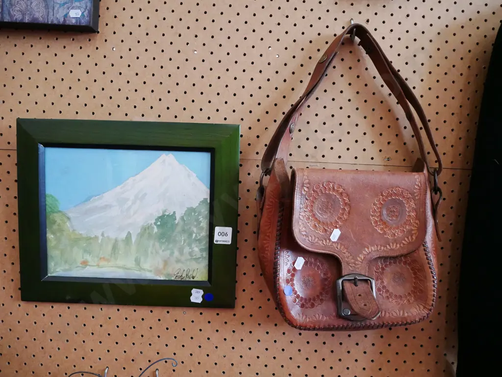 framed watercolour - mountain, tooled leather bag - blue dots Image 1++