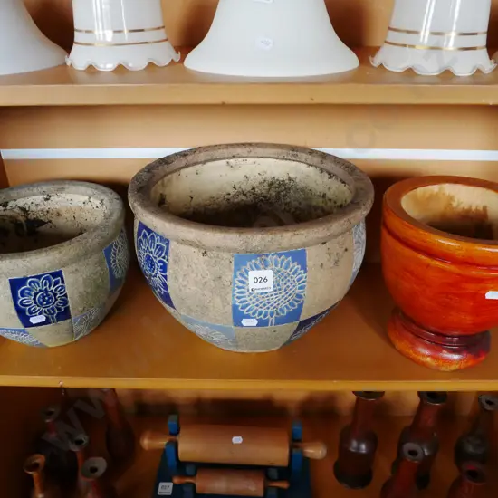 2x garden planters, turned wood bowl Tallest H-210
