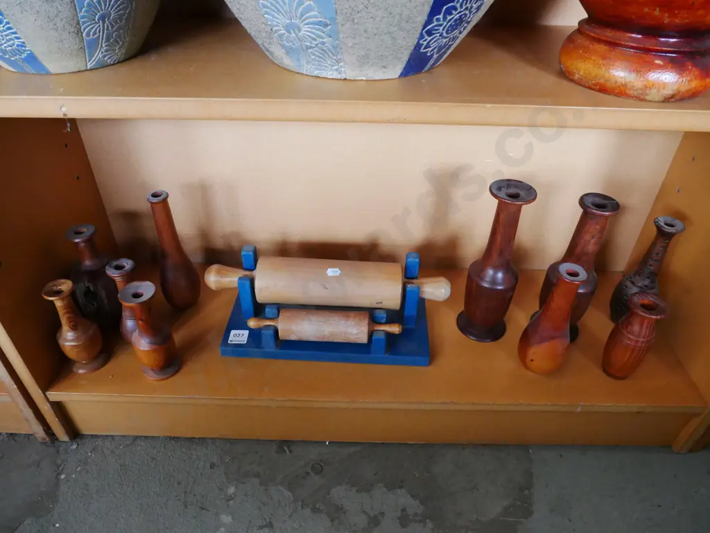 2x rolling pins on stands, turned wood vases Image 1++