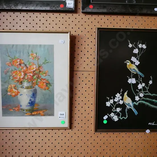 framed print - flowers, framed acrylic on fabric - birds and cherry blossom