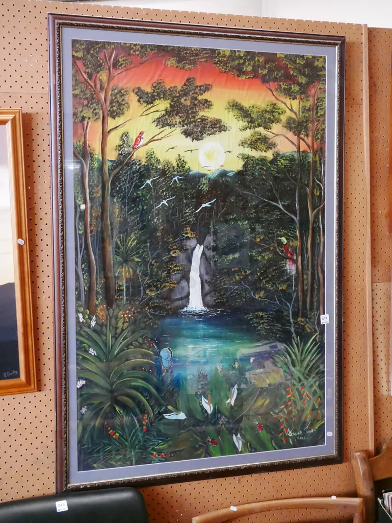 Oscar Towa 2002 - framed watercolour - waterfall - extensive warping to paper Image 1++