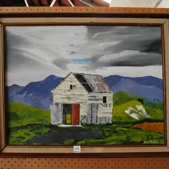David Mackie - framed oil - old farm shed