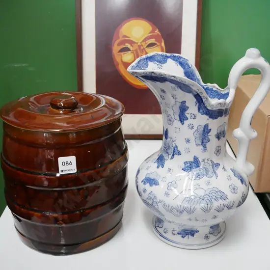 blue and wash jug, lidded crock H-240