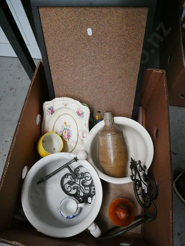 box; chamber pots, stoneware bottles, wrought metal hand towel hooks etc Image 1++