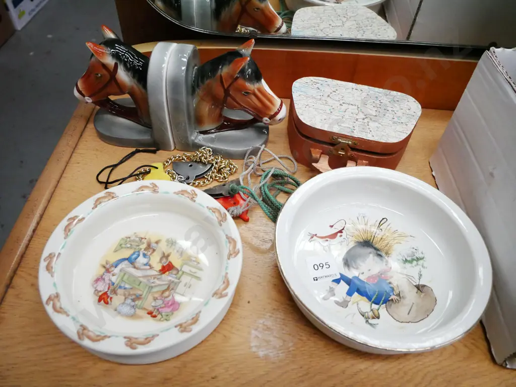 bunnykins bowl, Crown Lynn child's bowl, bookends, trinket box, dog whistles Image 1++