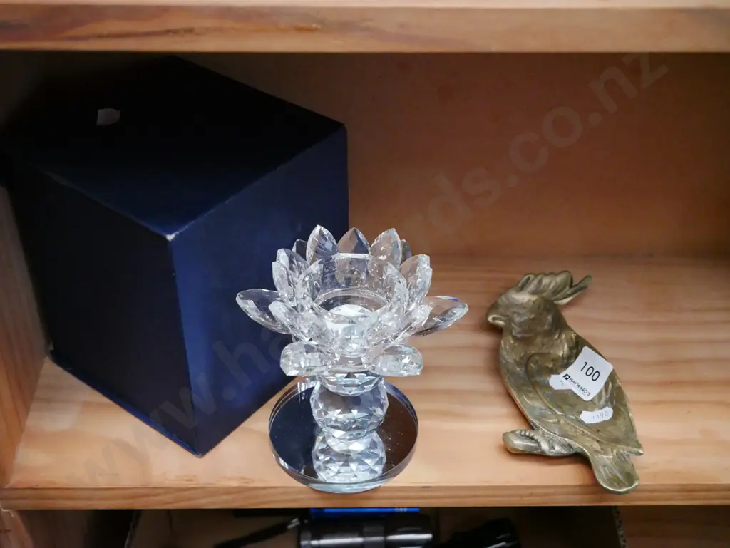 crystal tea light candlestick, brass parrot ashtray Image 1++