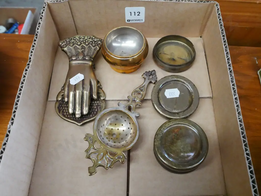 box of brass ware: clip, tea strainer, liddeed canisters etc Image 1++