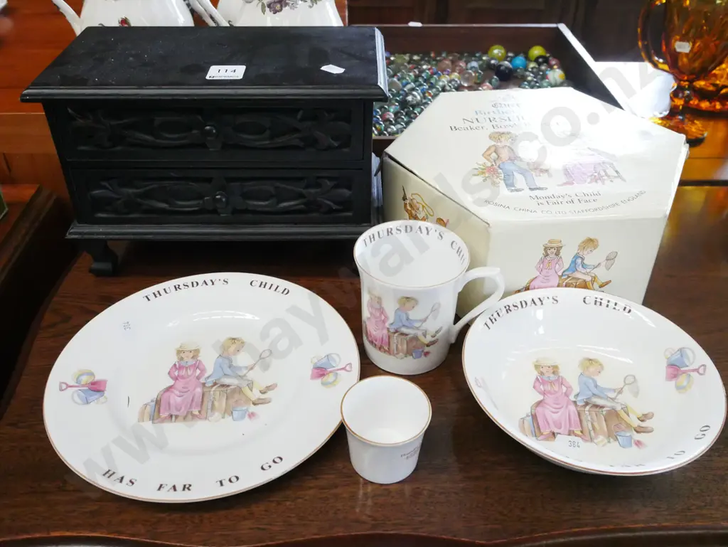 dark stained 2 drawer jewellery cabinet, Thursdays Child breakfast set Image 1++