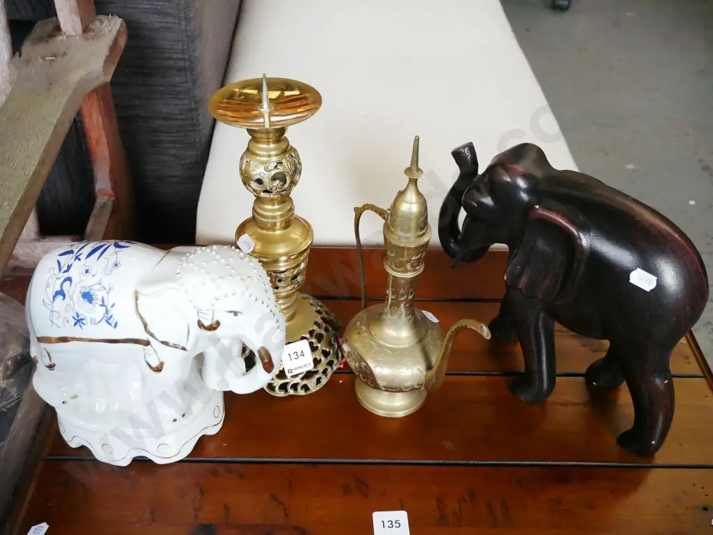 brass candlestick, coffee pot, 2x elephants Candlestick H-270 Image 1++