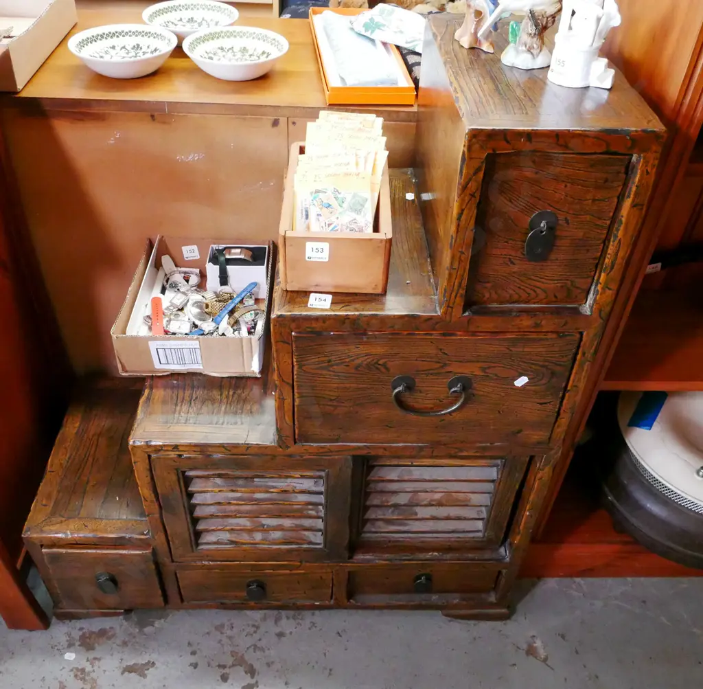 Indonesian hardwood step bookcase with 2 sliding doors and 5 drawers H-920 W-780 D-350 Image 1++