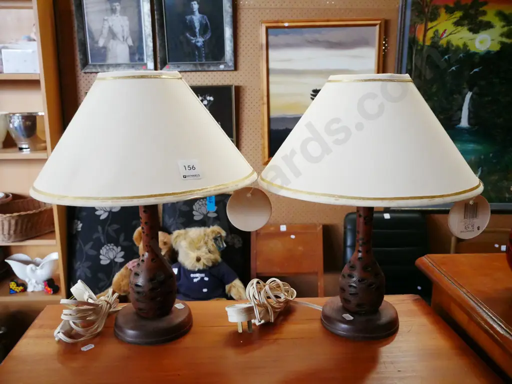 2x turned wood bedside lamps Image 1++