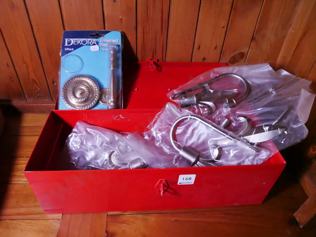 red tool box; fleur de lis tie backs, 1 brass tie back Image 1++