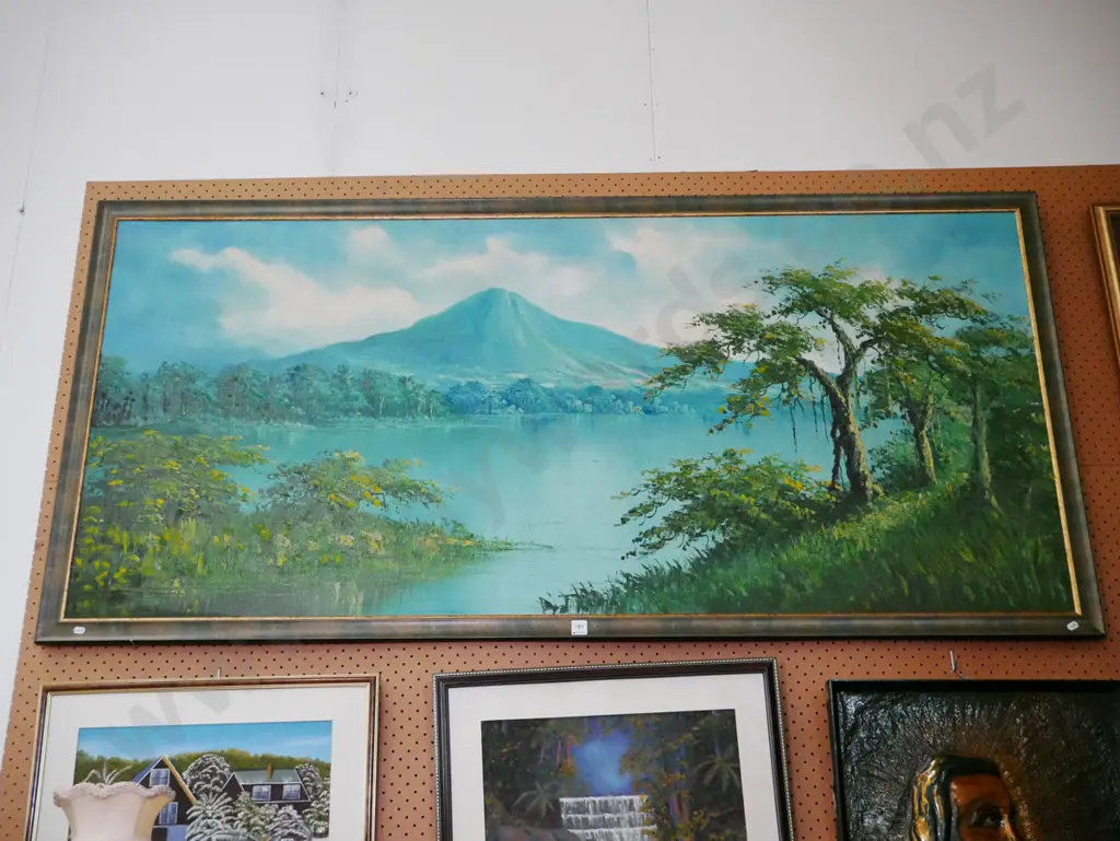 large oil on board - lake and mountain scene Image 1++